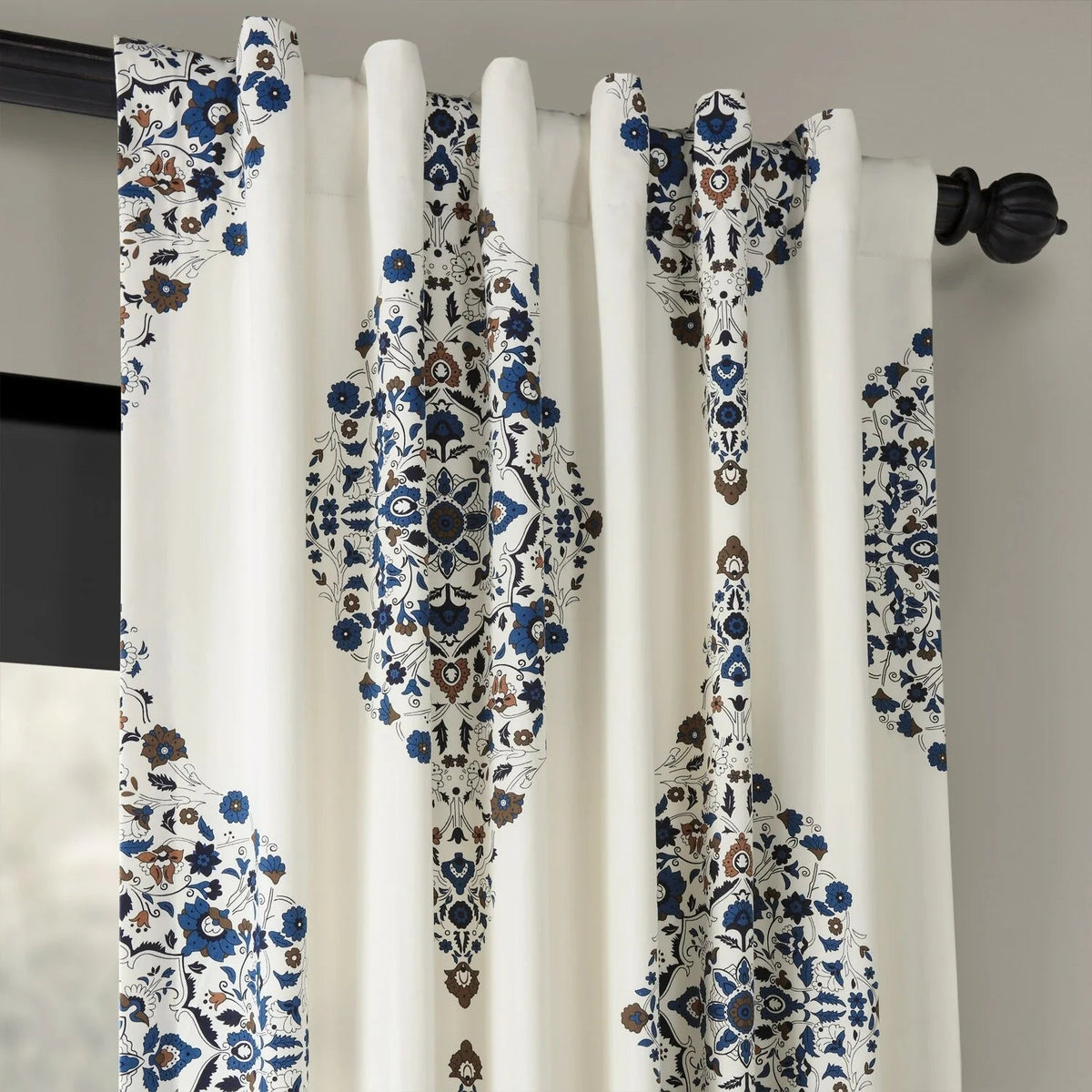 Medallion Damask Printed Cotton Room Darkening Curtain Panel, 1 Piece, 50 in W x 84/96/108/120 in L