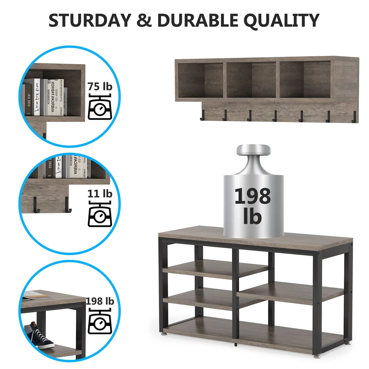 5-in-1 Entryway Hall Tree With Coat Rack, Shoe Bench, 7 Hooks, 3 Cubbies And 3-Tier Shoe Rack
