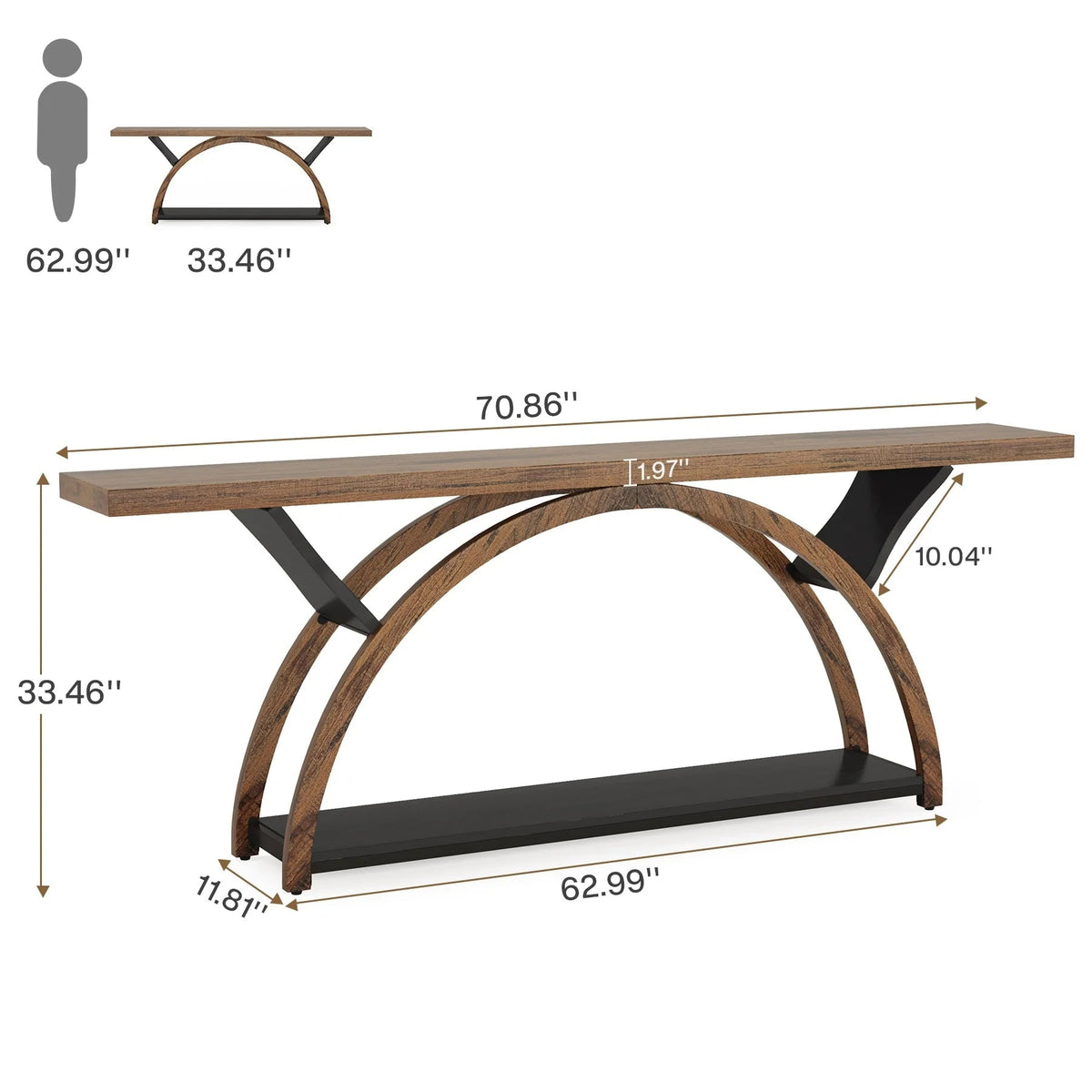 2-Tier Slim Console Sofa Table, Engineered Wood and Metal - 11.81 in D x 70.87 in W x 33.46 in H