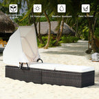 Cushioned Rattan Outdoor Chaise Lounge Chair With Folding Canopy, Flip-Up Tea Table And 5 Positions