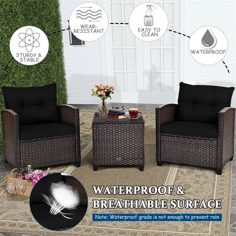 3-Piece Rattan Patio Conversation Set With Cushions And Coffee Table