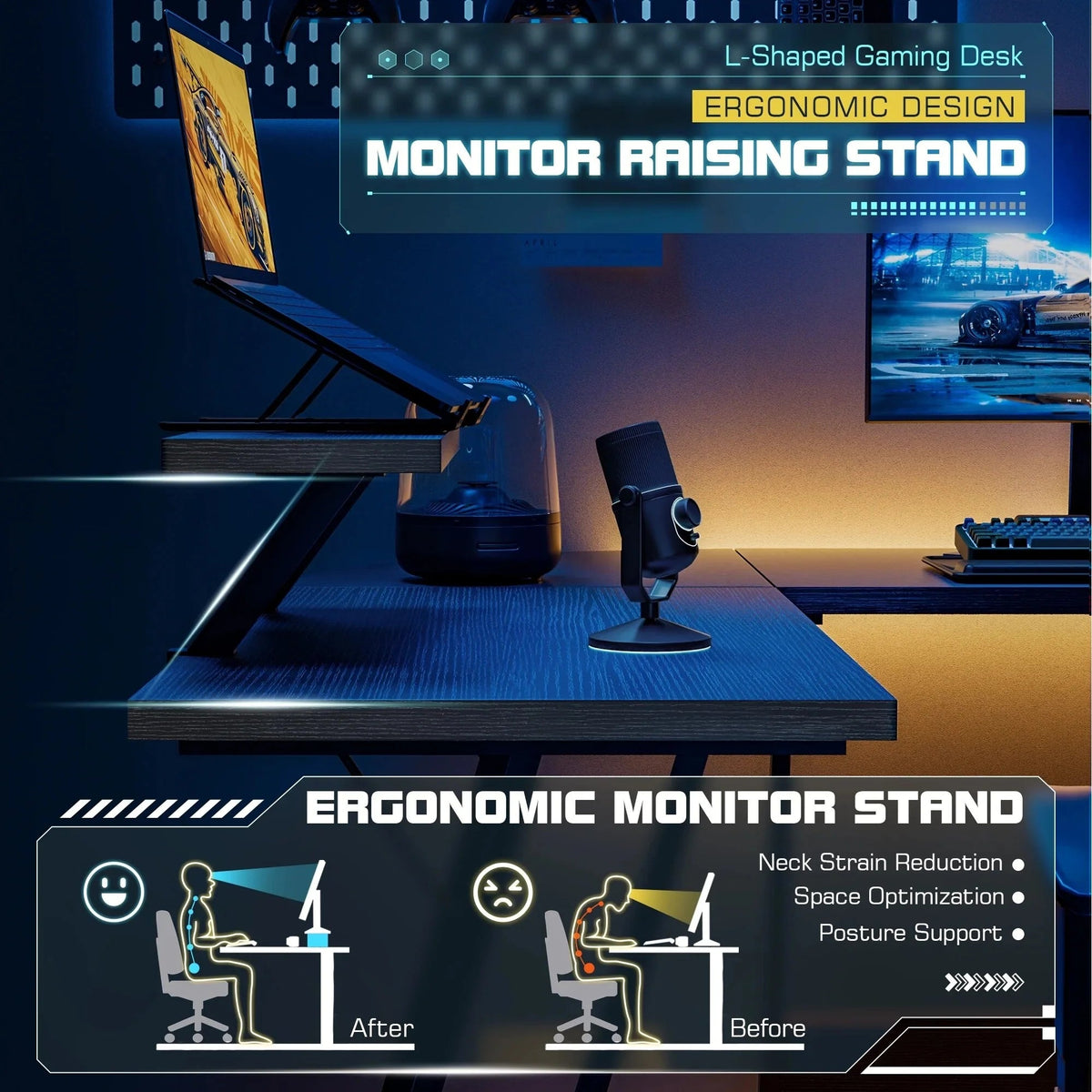 L-Shaped Gaming Computer Corner Desk With Monitor Stand - 220 lbs Capacity