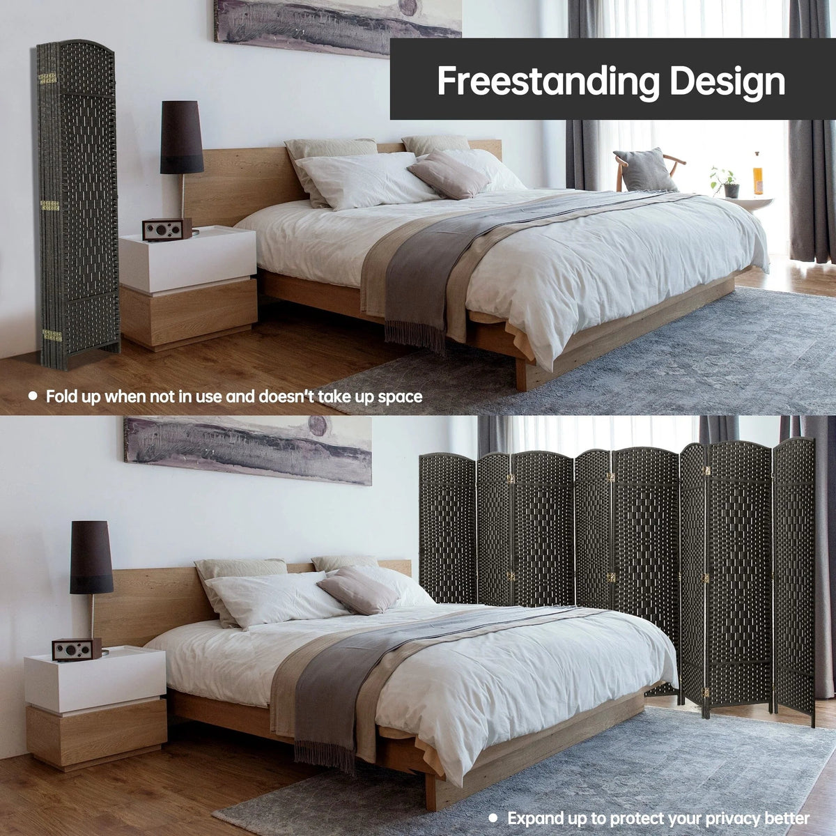 Freestanding Folding Woven Fiber Room Divider Privacy Screen - 6 Ft Tall