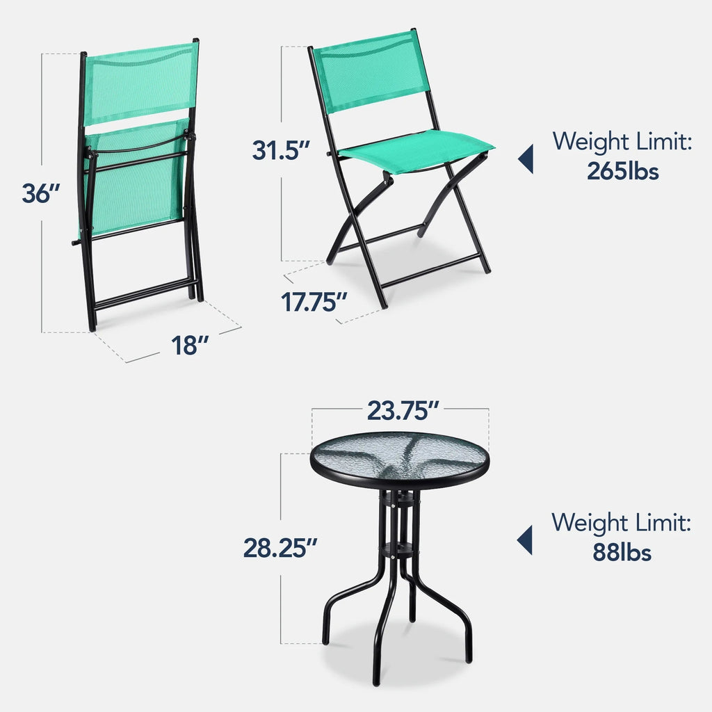 Best Choice Products 3-Piece Patio Bistro Dining Set With Glass Tabletop And Folding Chairs - Gray