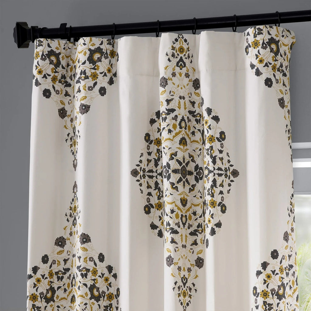 Medallion Damask Printed Cotton Room Darkening Curtain Panel, 1 Piece, 50 in W x 84/96/108/120 in L