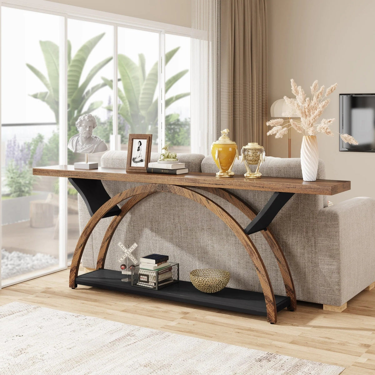 2-Tier Slim Console Sofa Table, Engineered Wood and Metal - 11.81 in D x 70.87 in W x 33.46 in H