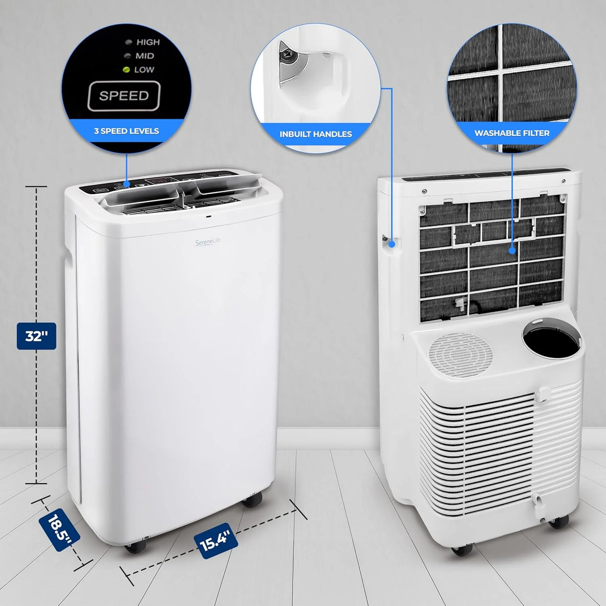 SereneLife Portable Air Conditioner 10,000 BTU Cooling, 9,000 BTU Heating, White