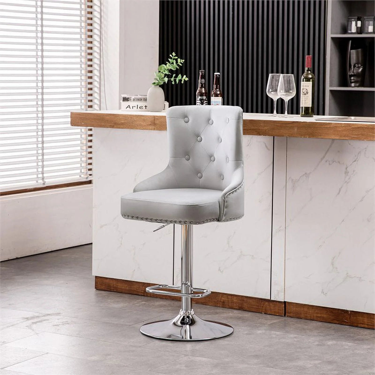 Alexent 2-Piece Swivel Bar Stools, Dark Blue, 43.7-51.6 H, 19.3 W x 18.1 D - Silver Footrest