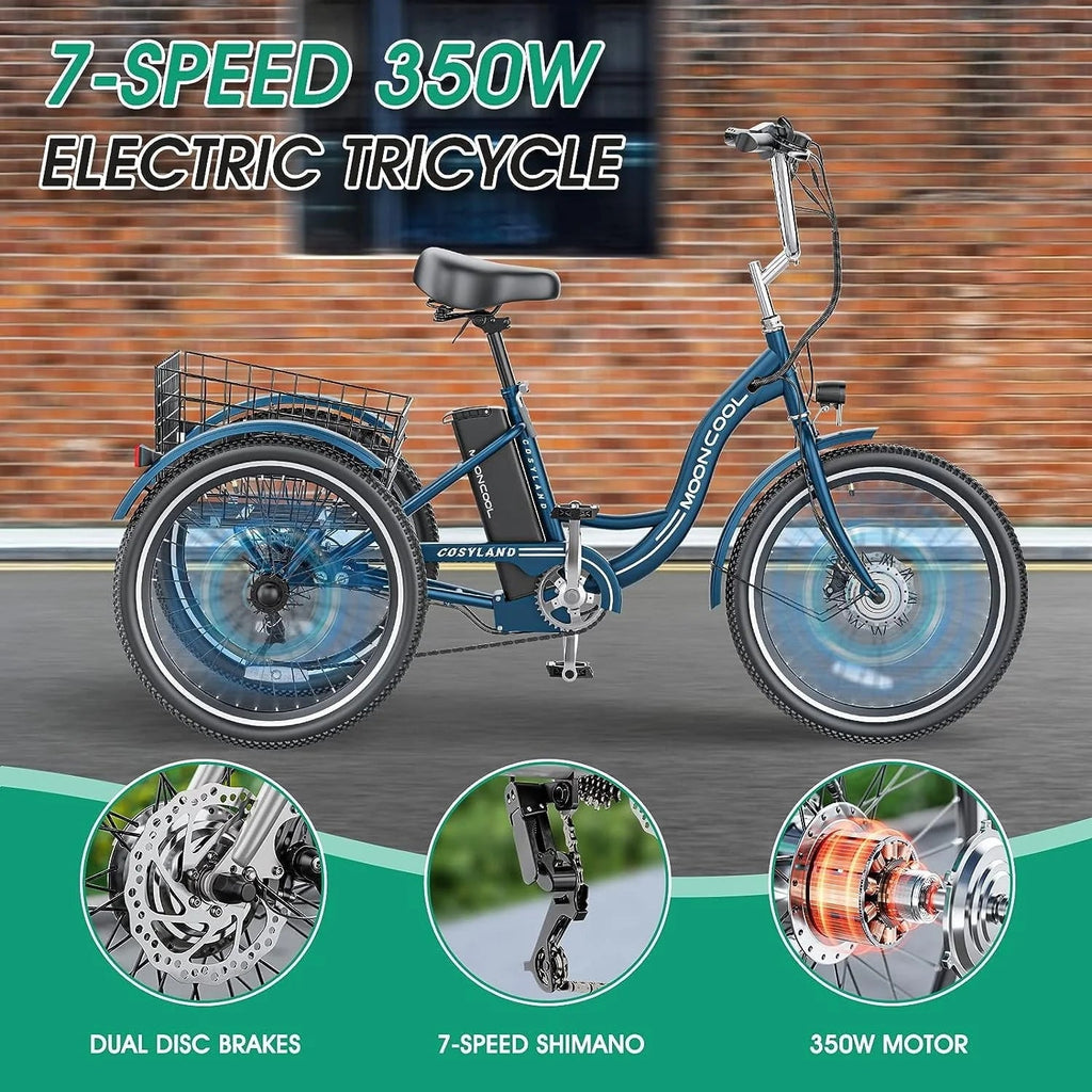 Mooncool Adult 3-Wheel Electric Tricycle, 24in 26in, 350W 36V, 7 Speeds