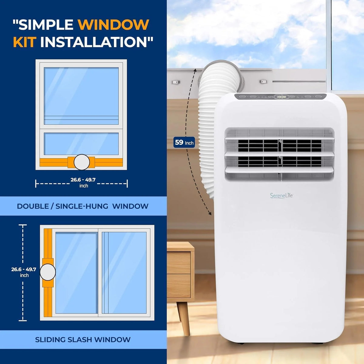 SereneLife Portable Air Conditioner 10,000 BTU Cooling, 9,000 BTU Heating, White