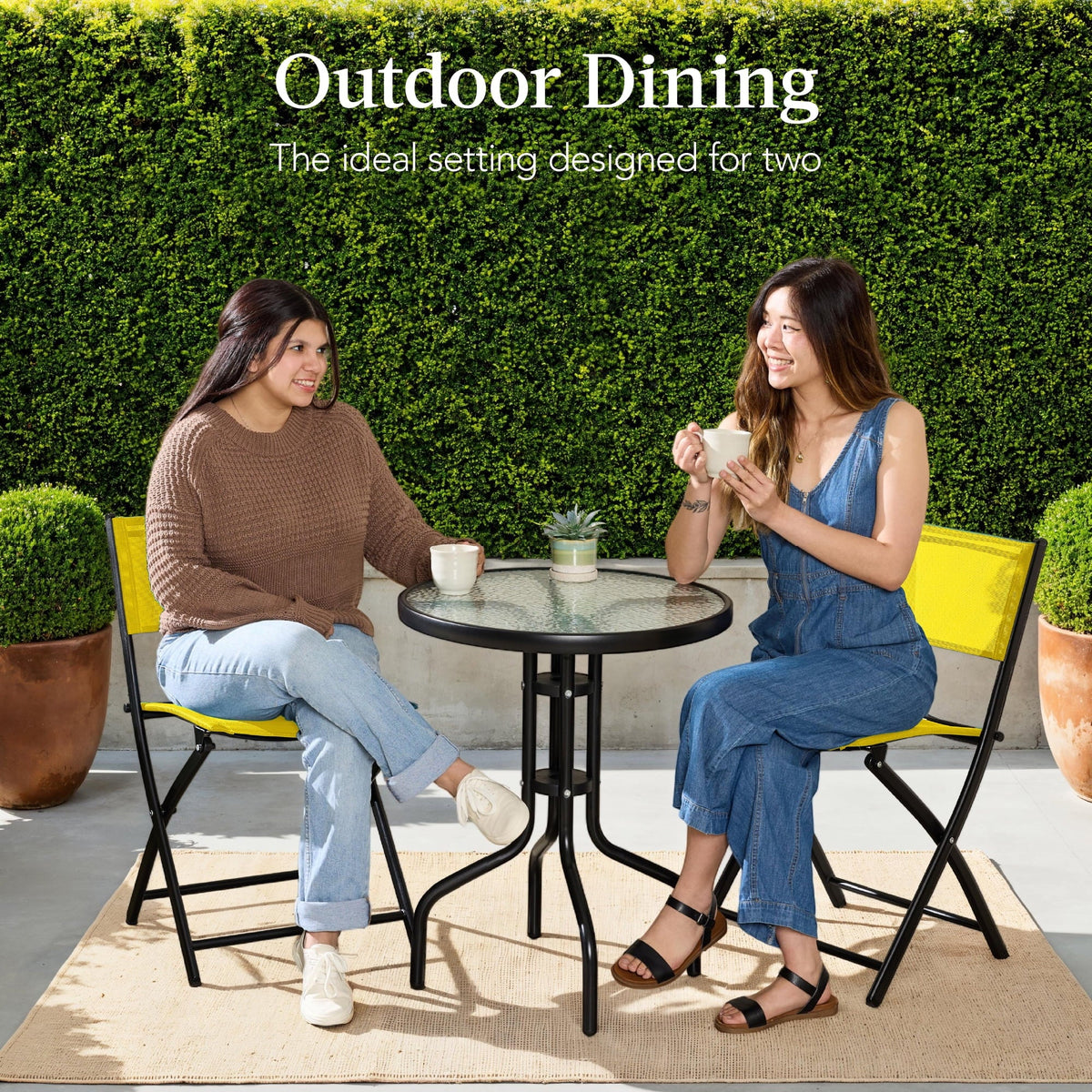 Best Choice Products 3-Piece Patio Bistro Dining Set With Glass Tabletop And Folding Chairs - Gray