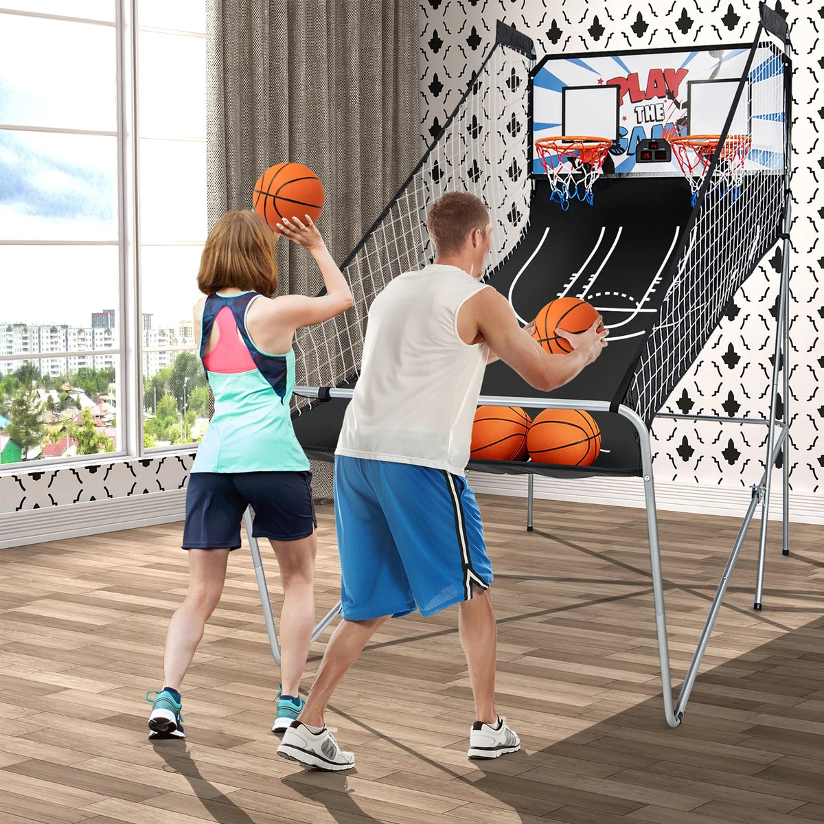 Costway Double Shot Electronic Basketball Arcade Game, 8 Game Modes, 4 Balls, Grey