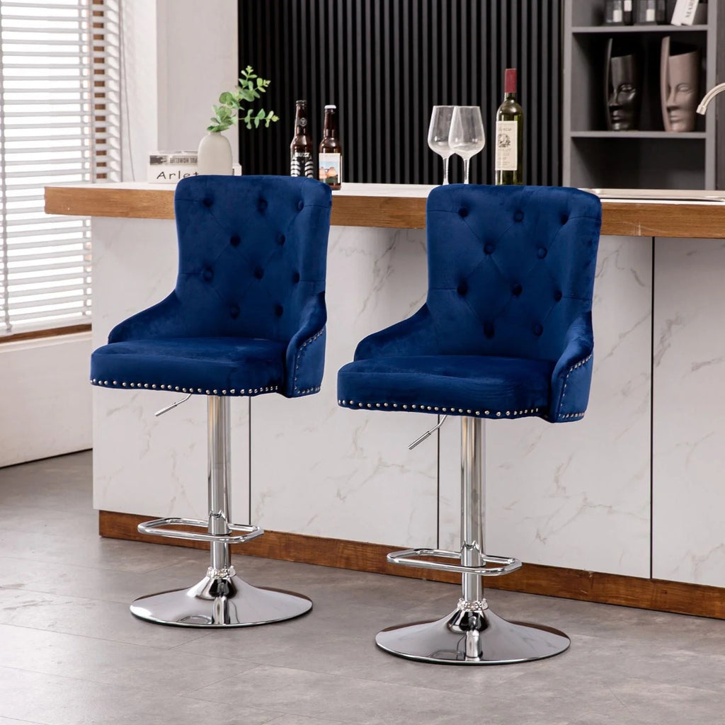 Alexent 2-Piece Swivel Bar Stools, Dark Blue, 43.7-51.6 H, 19.3 W x 18.1 D - Silver Footrest