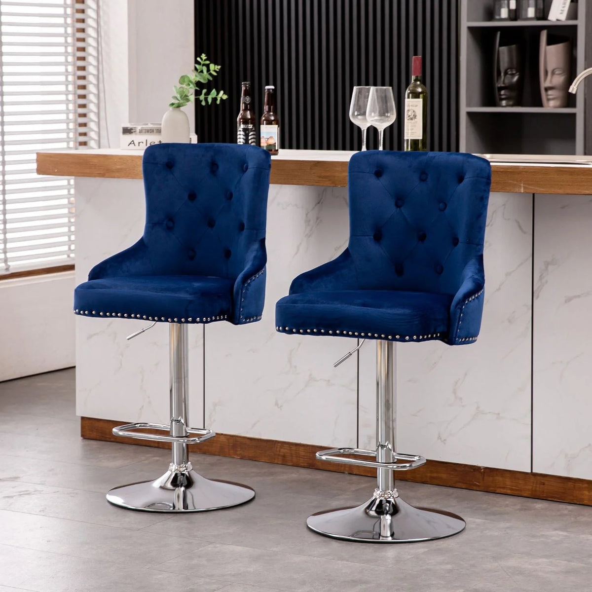Alexent 2-Piece Swivel Bar Stools, Dark Blue, 43.7-51.6 H, 19.3 W x 18.1 D - Silver Footrest