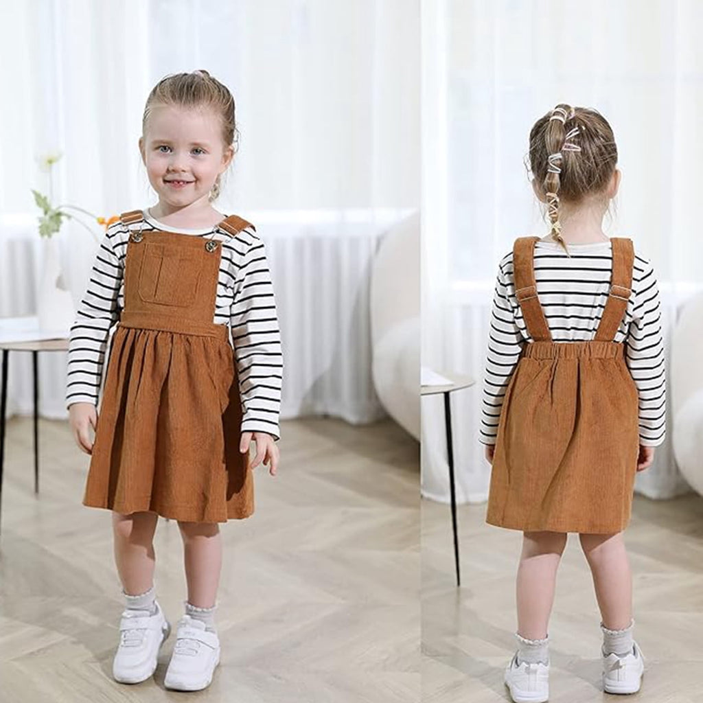 Younger Tree Toddler Baby Girl Fall Dress Outfit Long Sleeve Top Strap Dress Overall with Pocket Clothes Set for 2-3T