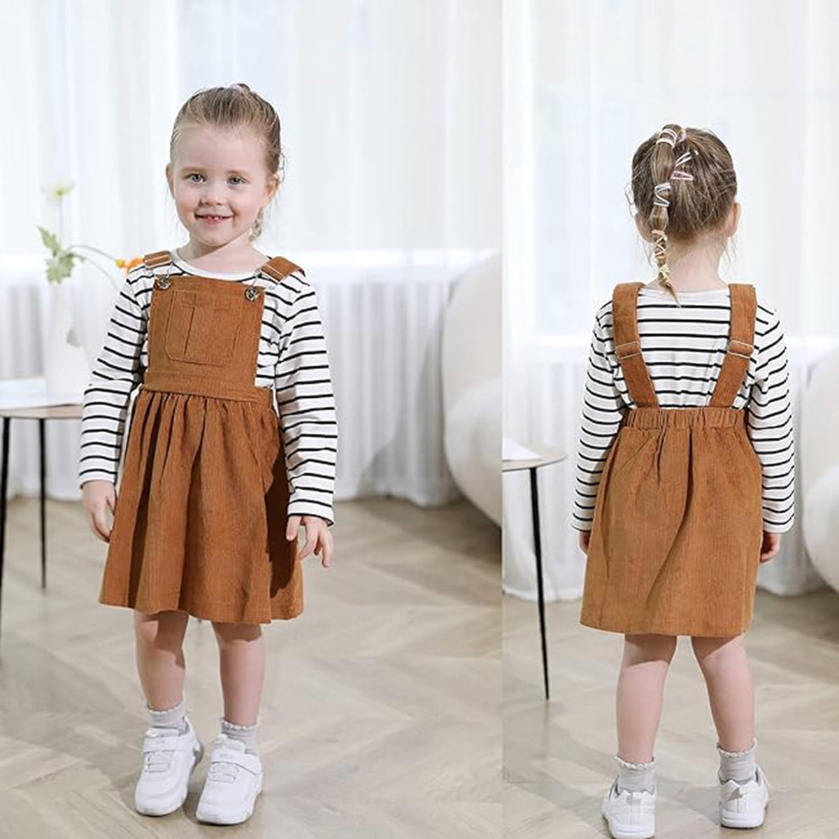 Younger Tree Toddler Baby Girl Fall Dress Outfit Long Sleeve Top Strap Dress Overall with Pocket Clothes Set for 2-3T