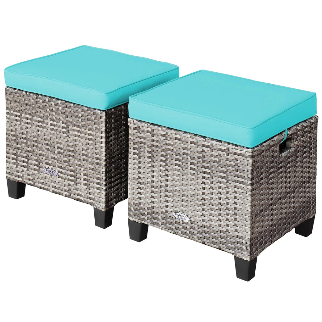 Costway 2-Piece Patio Rattan Cushioned Ottoman Set, 16 x 16 x 18 in, Turquoise