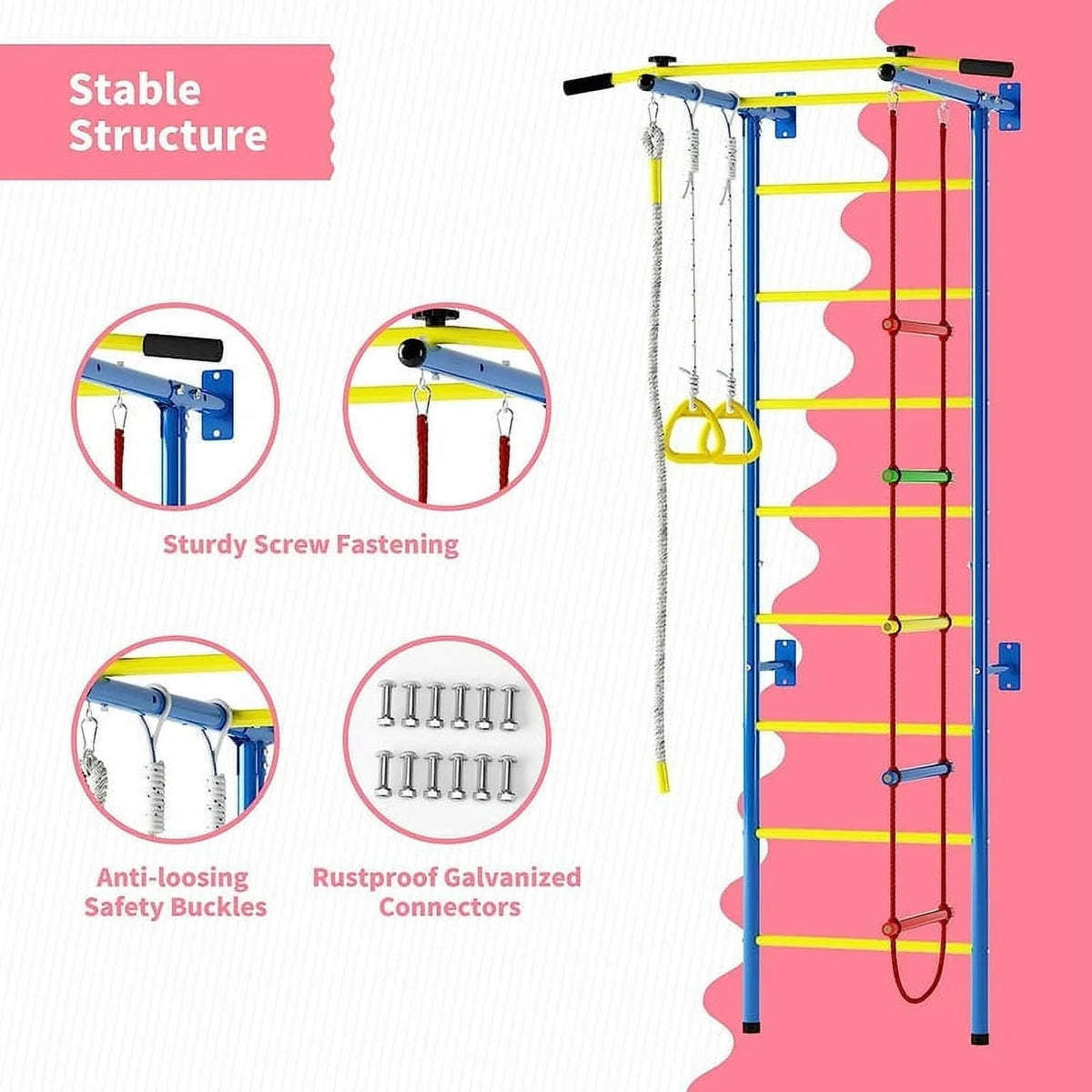 Cuoote Metal Wall Ladder Stall Bars Set With Pull-Up Bar, Climbing Rope And Gymnastic Rings - 5-In-1