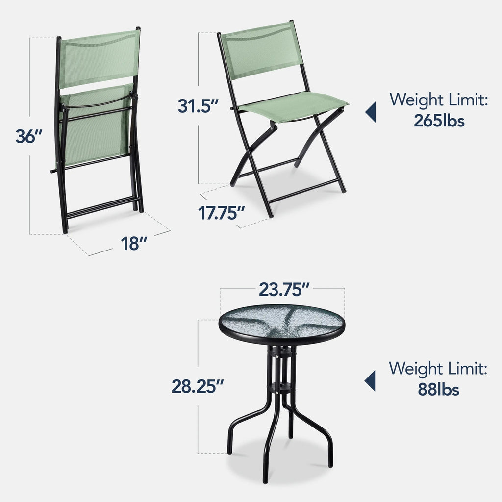 Best Choice Products 3-Piece Patio Bistro Dining Set With Glass Tabletop And Folding Chairs - Gray