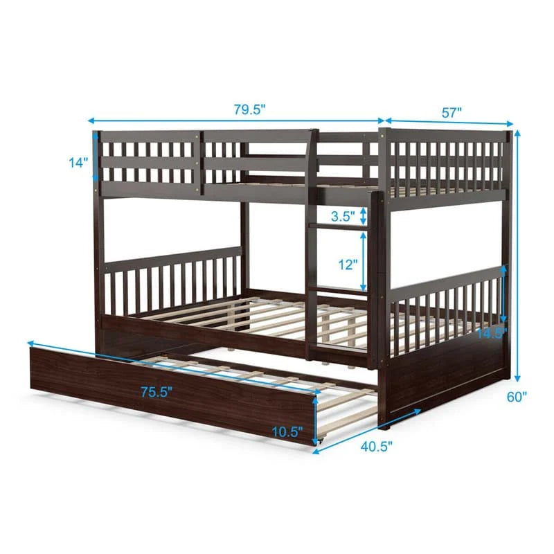Full Over Full Convertible Bunk Bed Frame With Trundle, Ladder And Guardrails