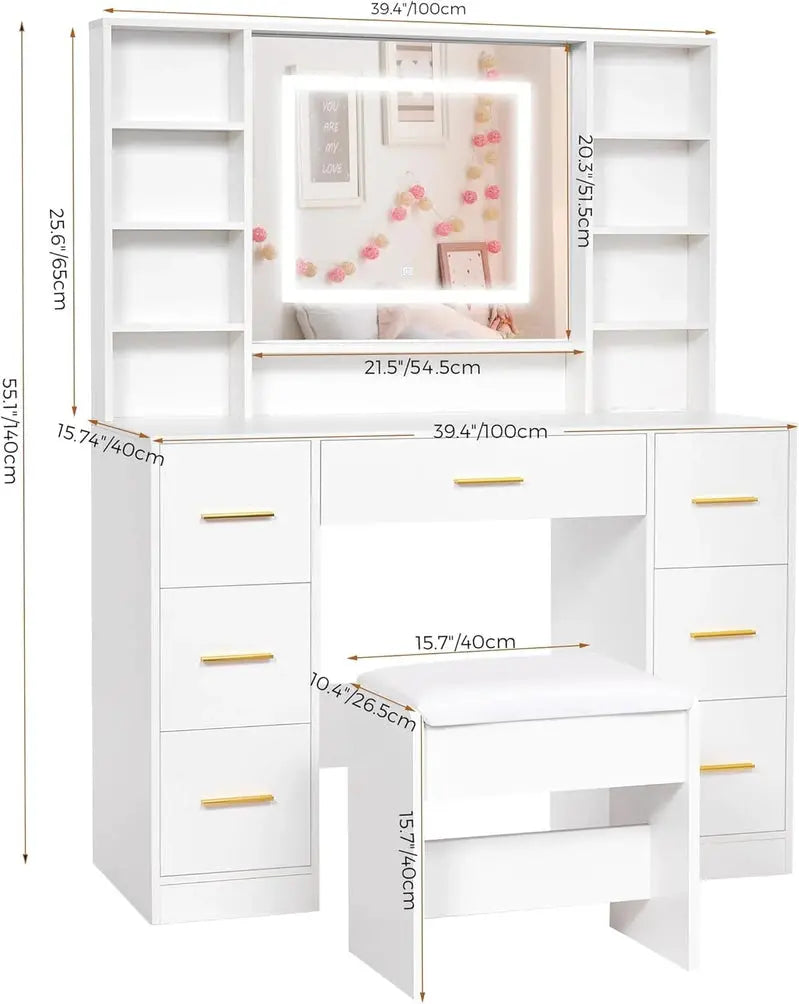 ANWBROAD Lighted Makeup Vanity Desk With LED Mirror, 39.4-Inch W x 15.7-Inch D x 55.1-Inch H