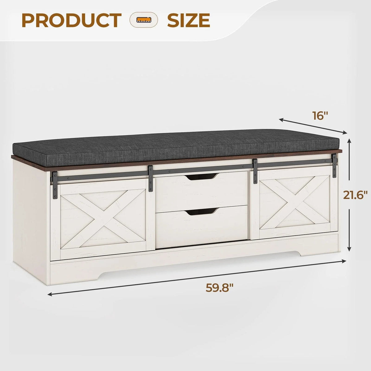 Farmhouse Shoe Storage Bench With Cushion, 31.4in, Metal Barn Door, Old White