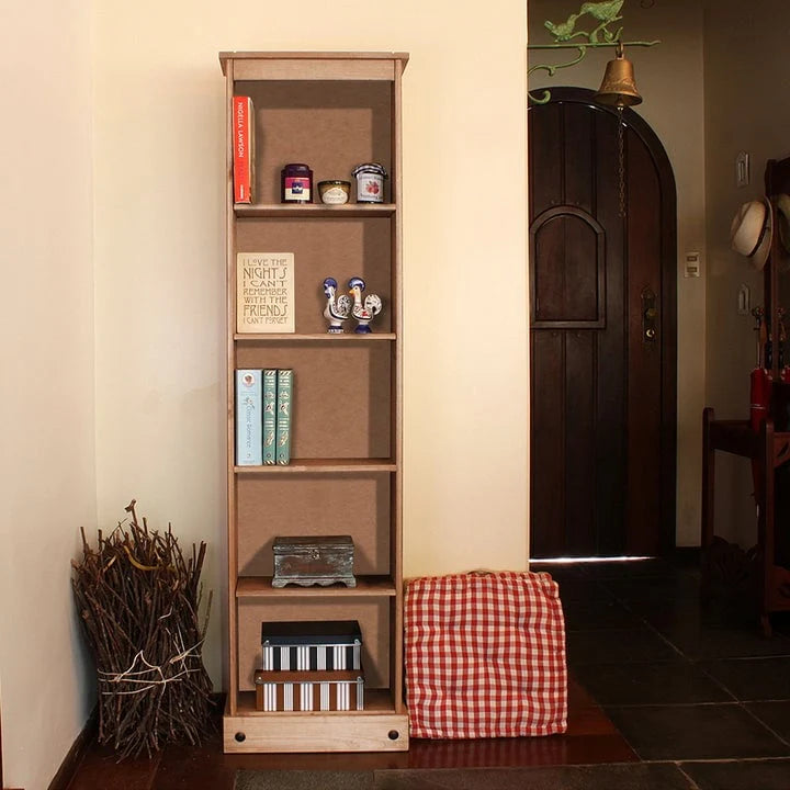 Tall Narrow Solid Pine Wood Bookcase With 5 Open Shelves