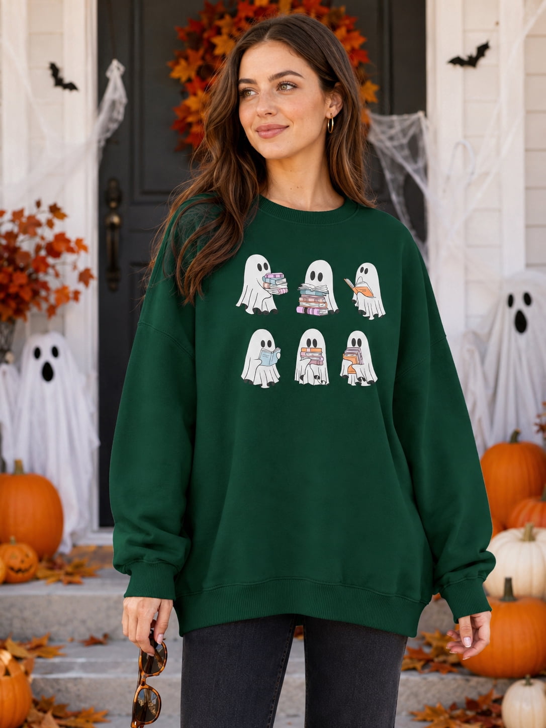 KimSoong Halloween Sweatshirts for Women Ghost Reading Books Sweater Cute Spooky Bookish Shirt Fall Pullover Tops