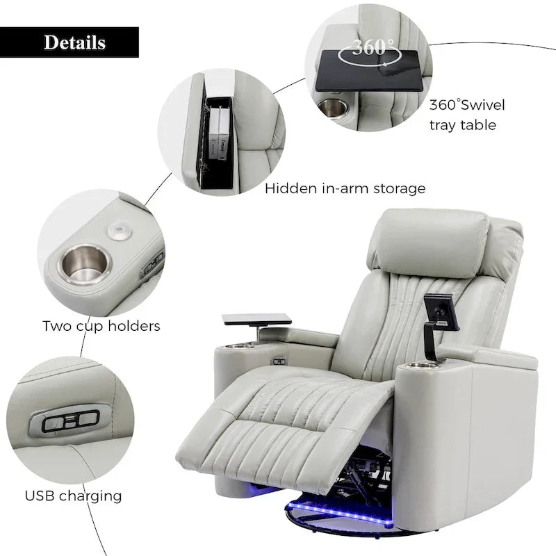 Power Home Theater Recliner Chair, 34.6 D x 38.2 W x 41.4 H, 110-160 Recline, 270 Swivel