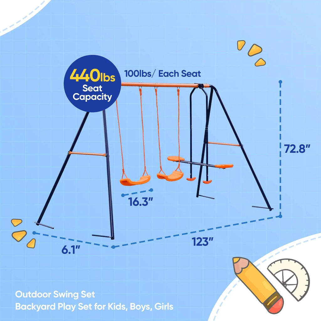 ZenSports Outdoor Double Kids Swing Set With 2 Seats And 1 Glider, Blue And Orange, 440lbs Capacity