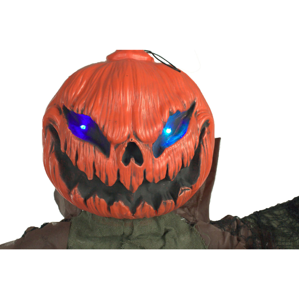 Haunted Hill Farm Life-Size Poseable 6.7-Ft. Pumpkin Scarecrow with Lights and Sound, Indoor or Covered Outdoor Halloween Decoration