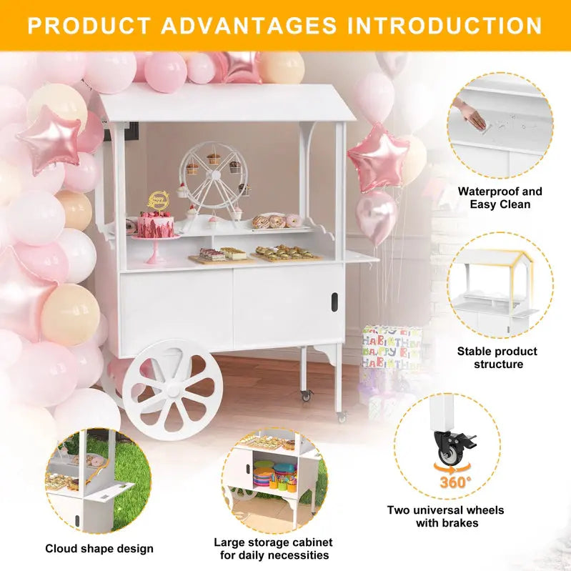 Wooden Candy Cart With Wheels, Pine Wood And MDF, Sliding-Door Cabinet