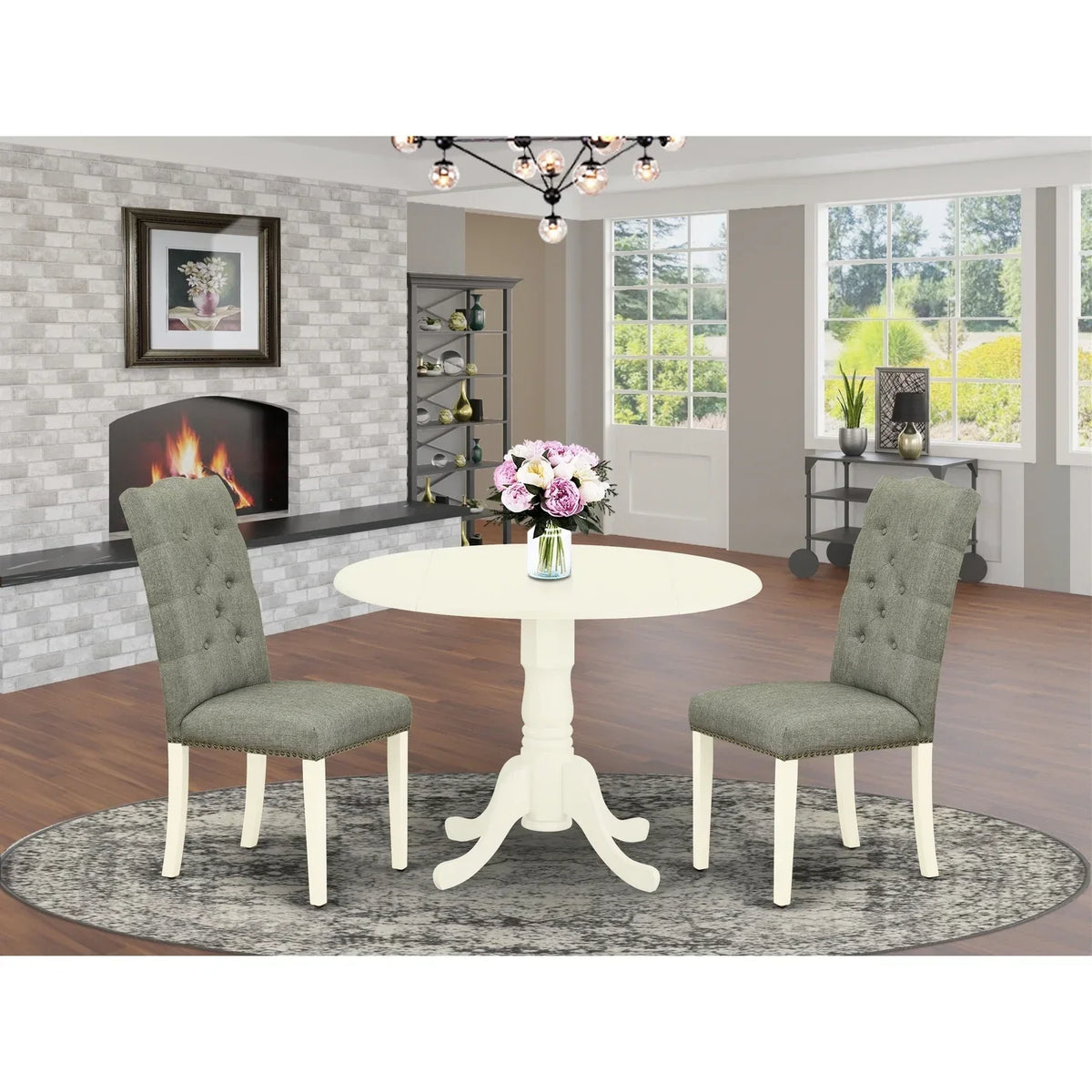 HomeStock 3-Pc Wood Dining Table Set With Round Kitchen Table And 2 Parsons Chairs, Linen White Finish