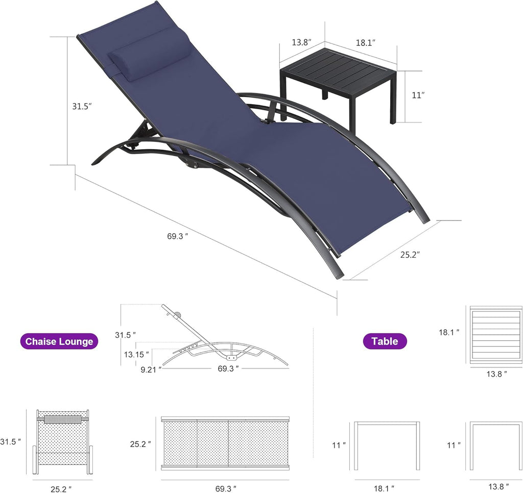 PURPLE LEAF Patio Chaise Lounge Set, 2 Chairs And 1 Table, Aluminum Textilene, 4 Adjustable Positions