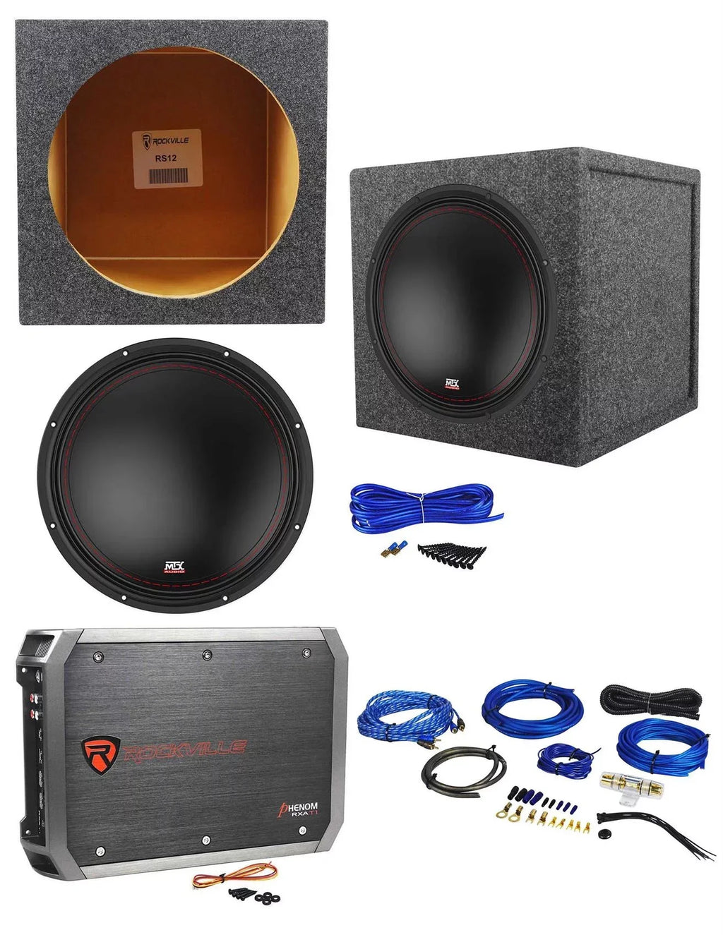 MTX 3512-04 12 in 500W Subwoofer Bundle With Rockville Sealed Enclosure, Amplifier And Wire Kit