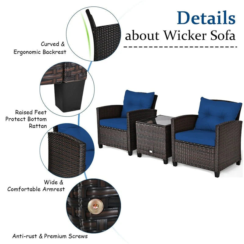 3-Piece Rattan Patio Conversation Set With Cushions And Coffee Table