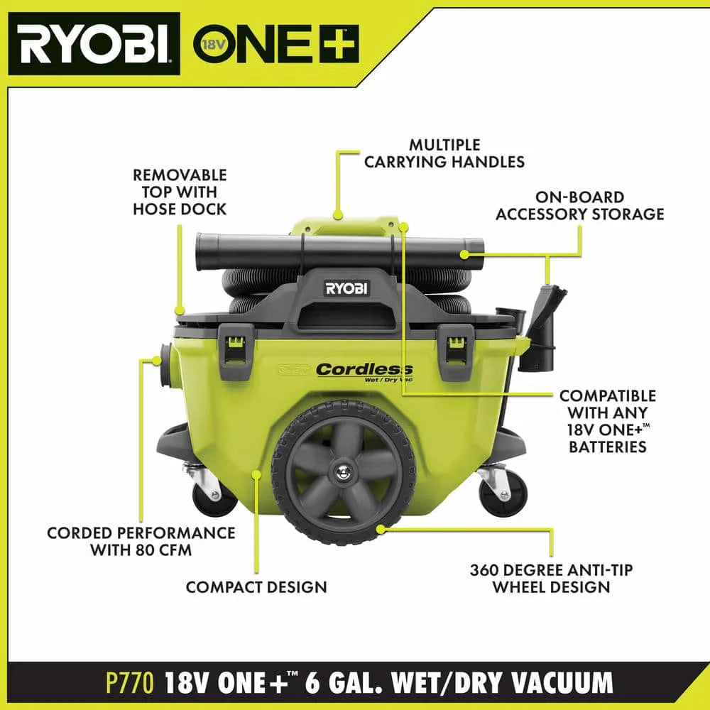 RYOBI ONE+ 18V Cordless 6 Gal Wet/Dry Vacuum Kit With 4.0 Ah Battery And Charger - P770KN