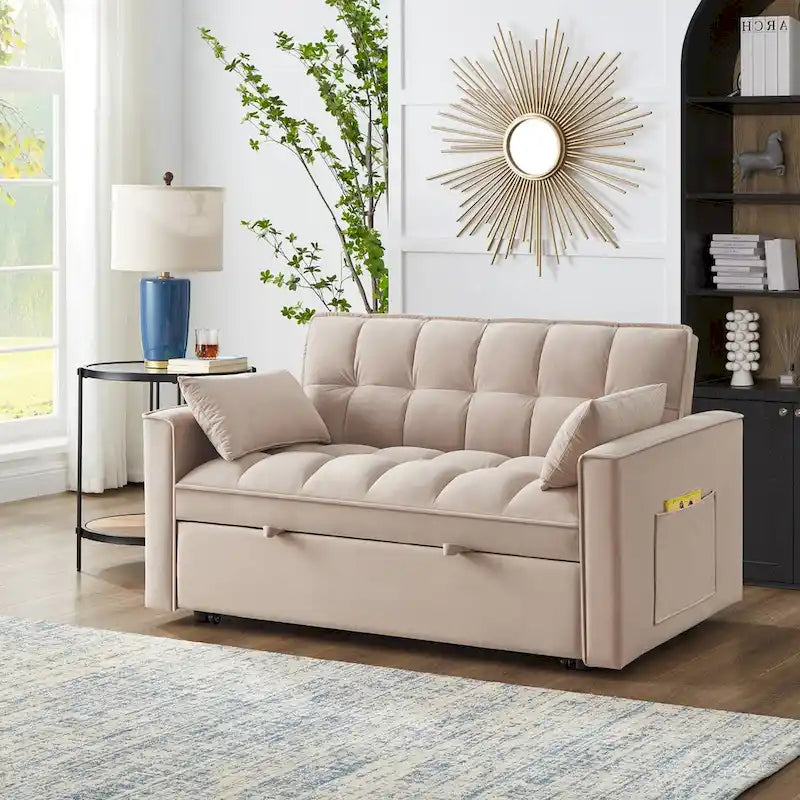 4-in-1 Velvet Pull-Out Sleeper Sofa Bed Loveseat With Reclining Backrest And 2 Side Pockets