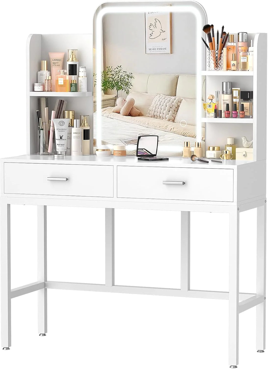 Cyclysio Makeup Vanity Desk With LED Mirror, 2 Drawers And 5 Open Shelves
