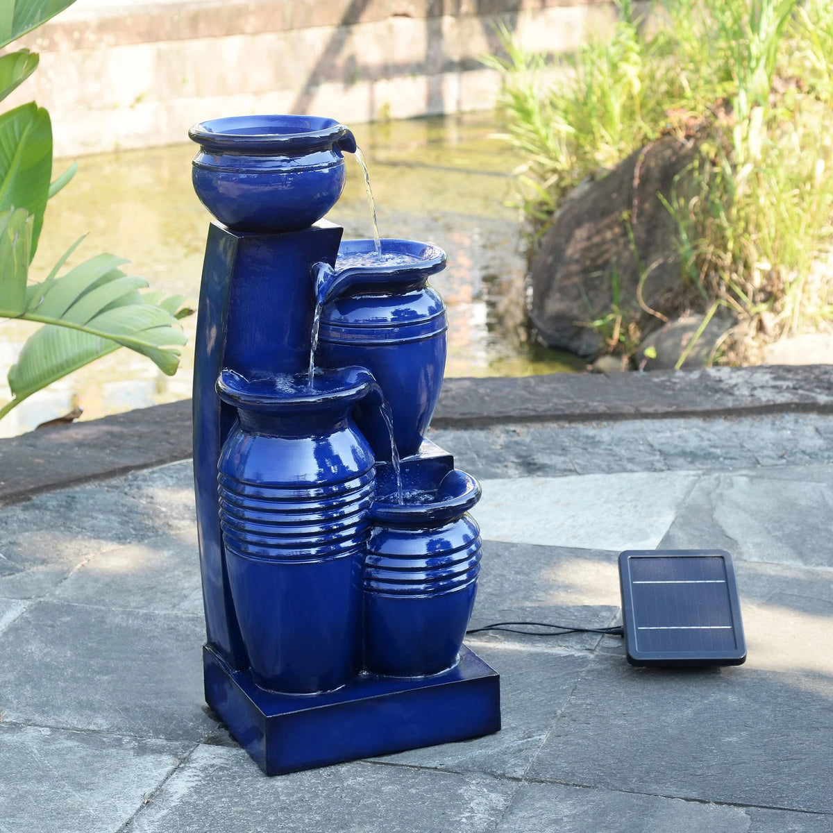 Teamson Home 28.74 in Solar 4-Tier Cascading Bowl Water Fountain With LED Lights - Navy