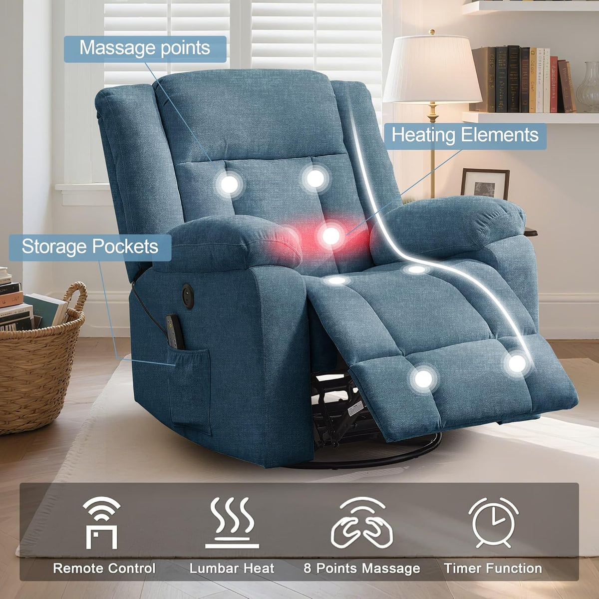 Korser Swivel Rocker Recliner Chair With Massage, Heating, USB Charging And Storage