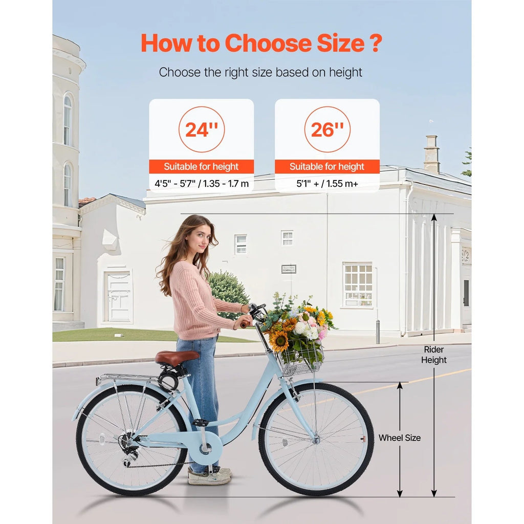 KFFKFF 26 in 7-Speed Cruiser Bike, Pale Blue With Front Basket And Rear Rack - SCB722-B