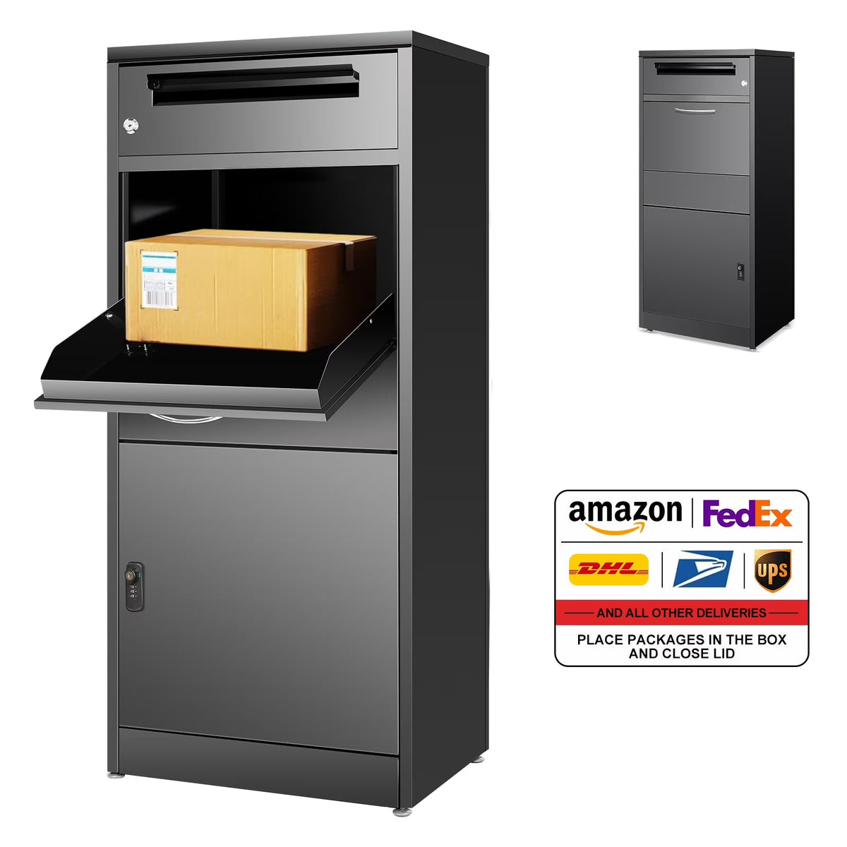 Gaonala Steel Package Delivery Box 19.6x14.4x44.9in Lockable Weather-Resistant Black