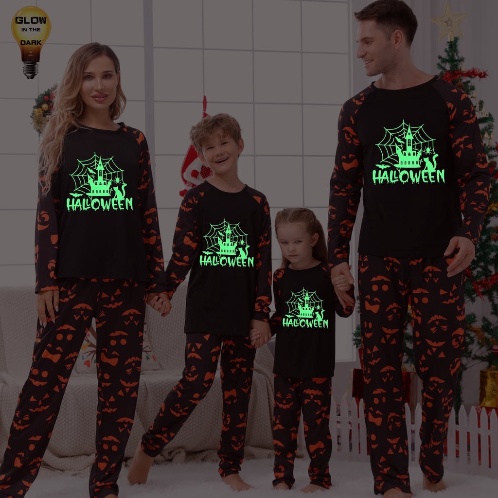 DAKIMOE Halloween Pajamas Family Matching Glow In The Dark Halloween Print Long Sleeve PJs Set Outfits 2 Pieces Cotton Loungewear Sleepwear for Adult Men Women Kids Toddler, Mom-M