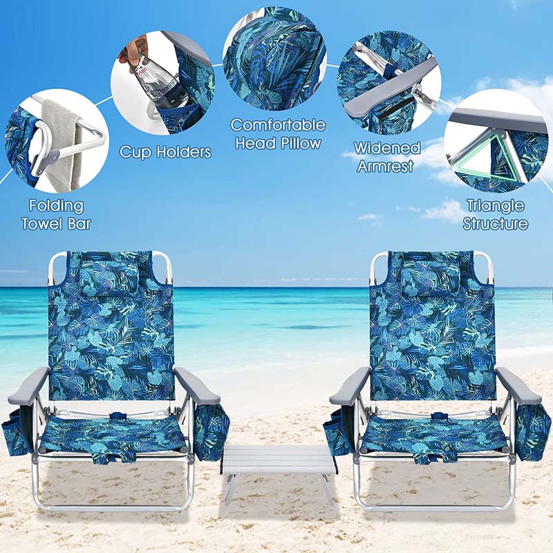 2-Pack 5-Position Outdoor Folding Backpack Beach Chairs With Side Table Set