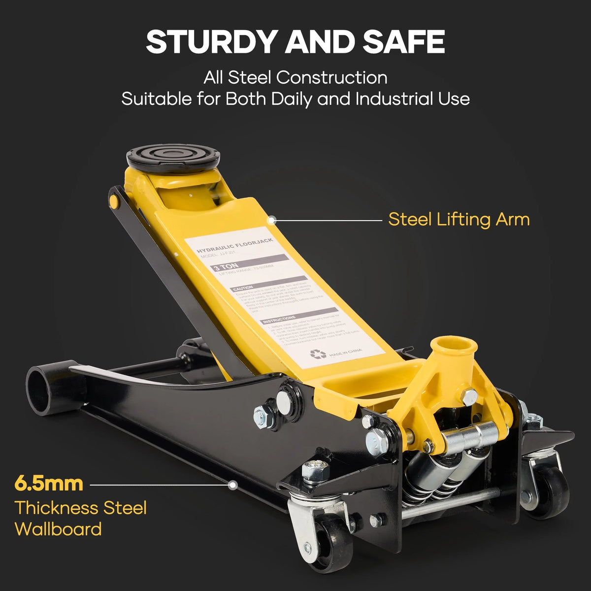 Naipo 3 Ton Low Profile Floor Jack, All Steel, 2.87in-19.69in, Yellow
