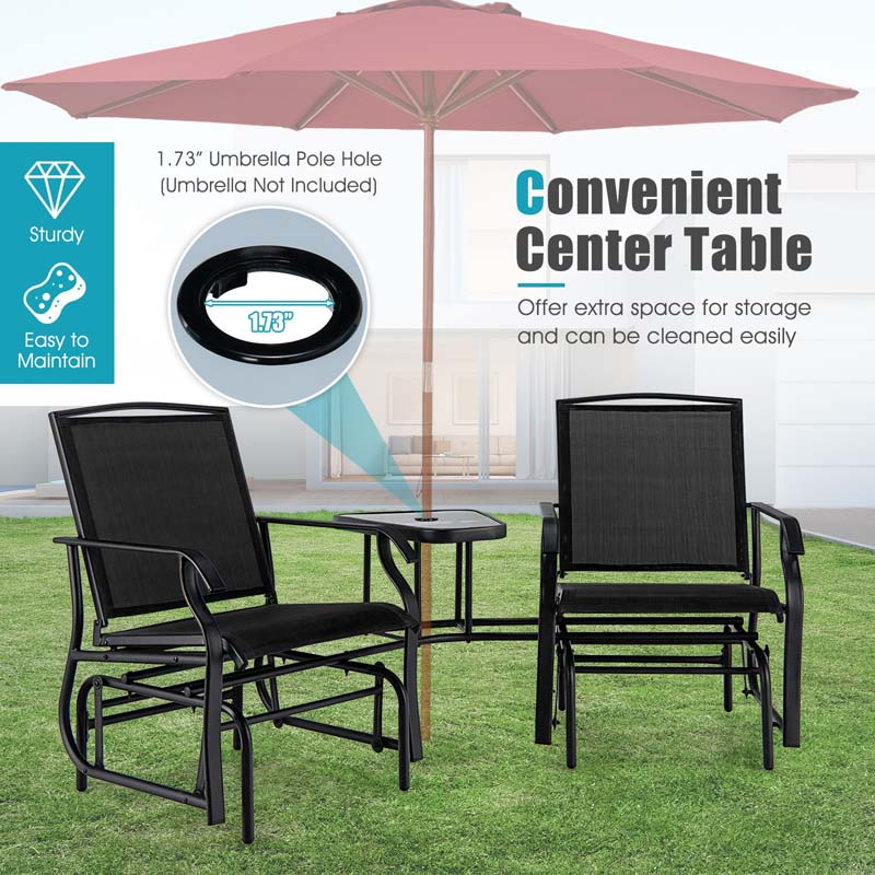 2-Person Double Swing Glider Chair With Glass Table, Steel And Fabric - 77in x 34in x 36in