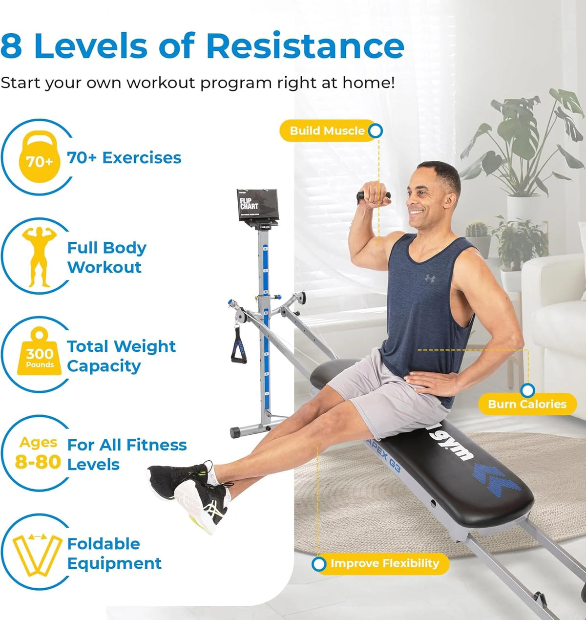 Total Gym Full Body Workout System, 8 Resistance Levels, Black - APEX