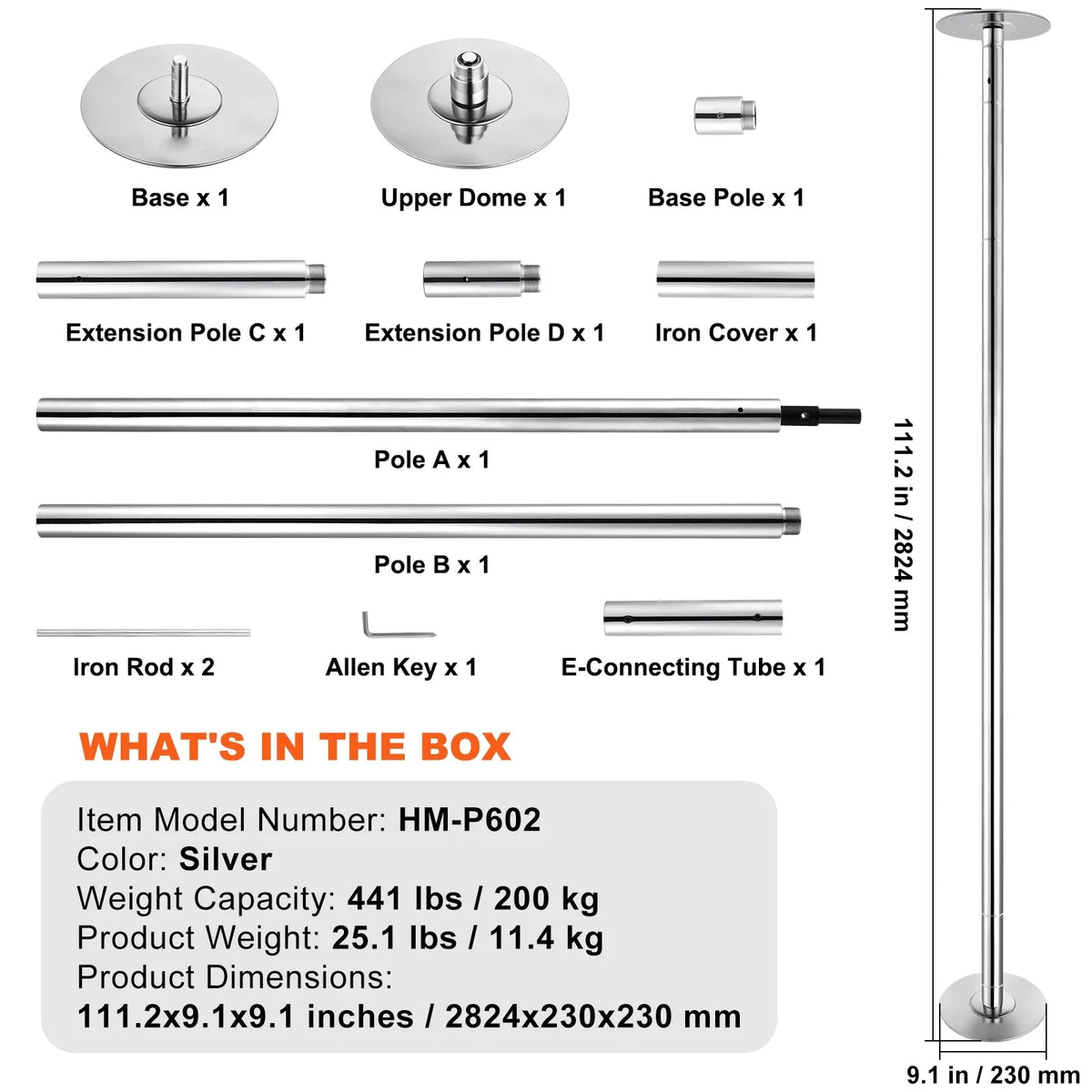 KFFKFF Dance Pole Set, 45mm Stainless Steel, Silver - HM-590S