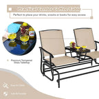 2-Person Outdoor Bench Glider Chair With Center Table, Mesh Fabric, 57 x 28 x 38 in